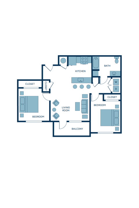 Floor plan for 2 beds, 2 baths, 980 sqft